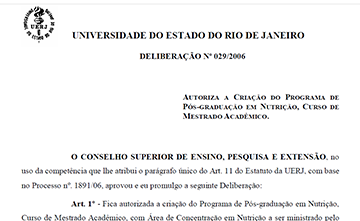 Criação do Programa de Pós-Graduação em Nutrição, Curso de Mestrado Acadêmico