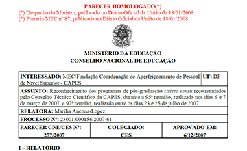 Aprovação do Programa de Pós-Graduação em Alimentação, Nutrição e Saúde (PGANS), Curso de Mestrado Acadêmico